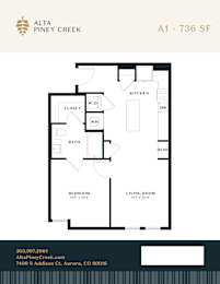 A floor plan for a 736 square foot home at Alta Piney Creek.