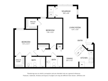 Two bedroom floor plan with solarium at Fusion Apartments, Orlando, FL 32818