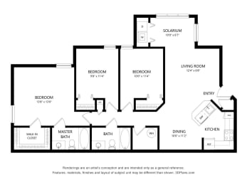 Three bedroom floor plan with two baths at Fusion Apartments, Orlando, FL