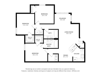Three bedroom floor plan layout with two bathrooms at Fusion Apartments, Orlando, 32818