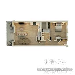 A floor plan of a house with a kitchen, living room, and two bedrooms.