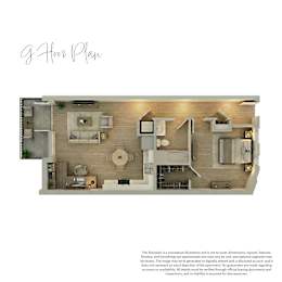 A 9-hour plan floor plan with a kitchen, living room, and bedrooms.