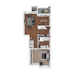A top-down view of a small apartment with a kitchen, living room, and bathroom.