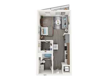 A floor plan of a small apartment with a bedroom, bathroom, and living room.