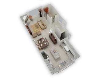 A 3D floor plan of a house with a living room, kitchen, dining room, and bathroom.