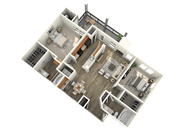 A 3D floor plan of a house with a kitchen, living room, and bedrooms.