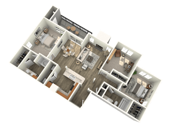 A 3D floor plan of a house with multiple rooms and furniture.