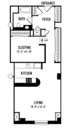 a floor plan of a small house with a bedroom and a kitchen