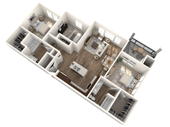 A 3D floor plan of a house with multiple rooms and furniture.
