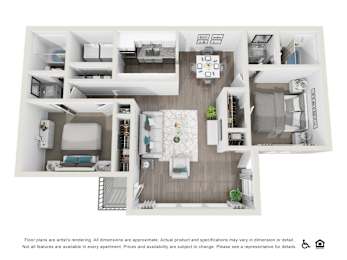 A floor plan of a 2 bedroom apartment with a kitchen, living room, 2 bedrooms, and 2 bathrooms.