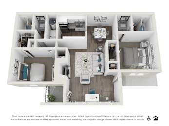 A 3D rendering of a modern apartment layout with a kitchen, living room, and bedrooms.