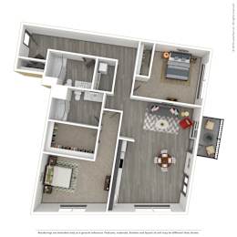 A 3D rendered image of a modern apartment.