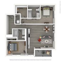 A 3D rendered image of a modern apartment.