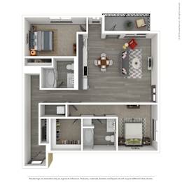 A 3D rendered image of a modern apartment.