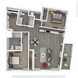 A 3D rendered image of a modern apartment.