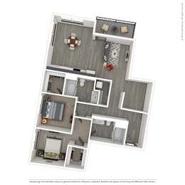 A 3D rendered image of a modern apartment.