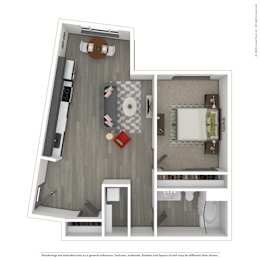 A 3D rendered image of a modern apartment.
