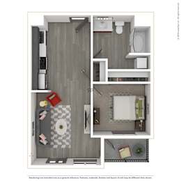 A 3D rendered image of a modern apartment.