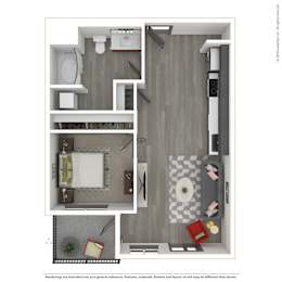 A 3D rendered image of a modern apartment.