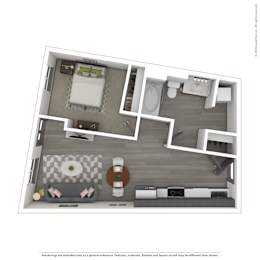 A 3D rendered image of a modern apartment.