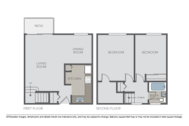 A diagram of a two bedroom apartment with a living room, dining room, kitchen and bathroom.