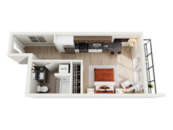 A top down view of a small apartment with a kitchen, living room and bathroom.