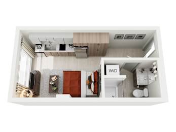 A top down view of a small apartment with a kitchen and living room.