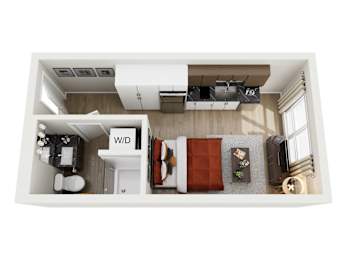 A floor plan of a room with a kitchen area and a living room.