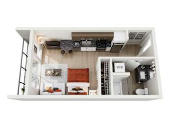 A top down view of a small apartment with a kitchen, living room and bedroom.