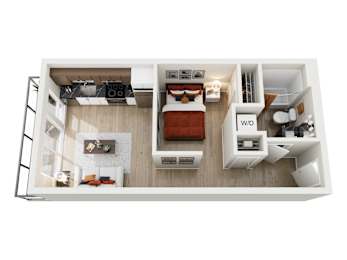 A top-down view of a small apartment with a living room, kitchen, and bathroom.