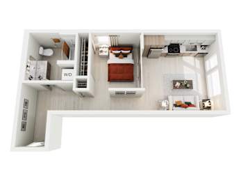 A top down view of a small apartment with a kitchen, living room and bedroom.