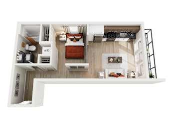 A top down view of a bedroom with a bed, a couch, a desk, and a chair.