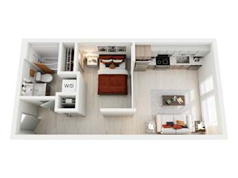 A top-down view of a modern, minimalist bedroom with a bed, a desk, and a couch.