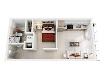 A top-down view of a small apartment with a bed, desk, and kitchenette.