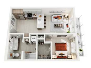 A top down view of a small apartment with a kitchen, living room, and bedroom.