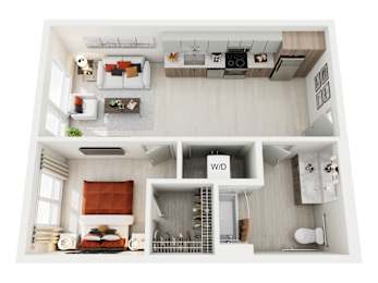 A top-down view of a modern apartment layout with a living room, kitchen, and bathroom.