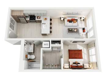 A top-down view of a small apartment with a kitchen, living room, and bedroom.