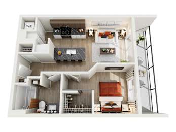 A 3D rendered image of a modern apartment layout.