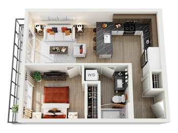 A top-down view of a small apartment layout with a living room, kitchen, and bedroom.