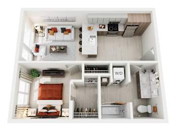 A top-down view of a small apartment with a living room, kitchen, and bathroom.