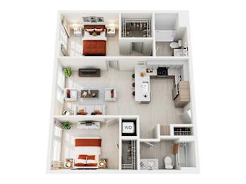 A top-down view of a small, neatly organized apartment with a kitchen, living room, and bedroom.
