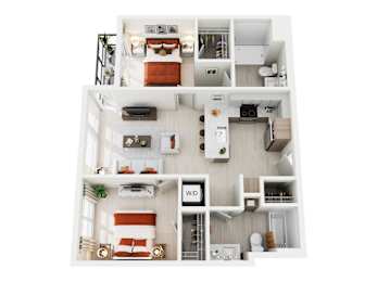 A top-down view of a small apartment with a living room, kitchen, and bedroom.