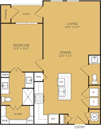 A floor plan of a living space showing a bedroom, dining area, and closet.
