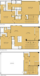 A floor plan of a house with three bedrooms, a garage, a dining room, a living room, a kitchen, a pantry, a storage area, and a bathroom.