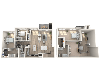a 3d rendering of a floor plan with a bedroom and a living room