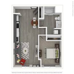 A 3D rendered image of a modern apartment.