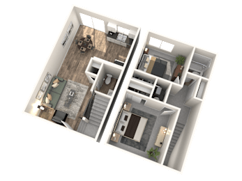 A 3D floor plan of a two-story apartment with a living room, kitchen, dining room, and bedrooms.