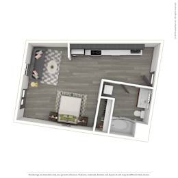 A 3D rendered image of a modern apartment.