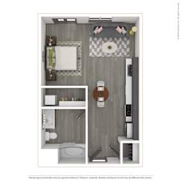 A 3D rendered image of a modern apartment.
