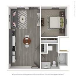 A 3D rendered image of a modern apartment.